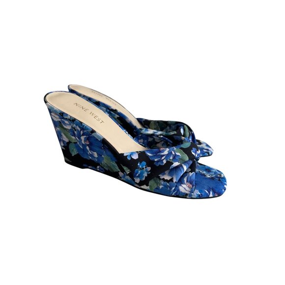 NINE WEST Blue Black Floral Wedges Sandals Size 9 NEW NWOB - Picture 2 of 9